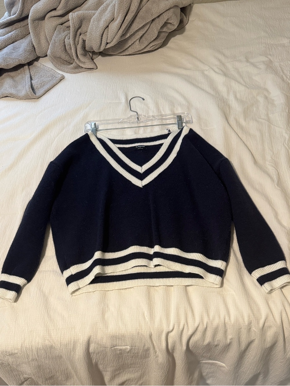 Nordstrom Navy V-Neck Sweater with White Stripes